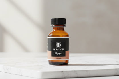 Bottle of shave oil with a black label on a white background
