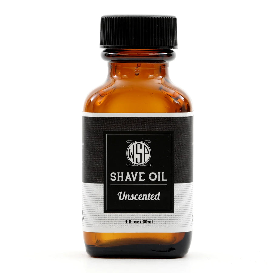 Small brown bottle of unscented shave oil front view
