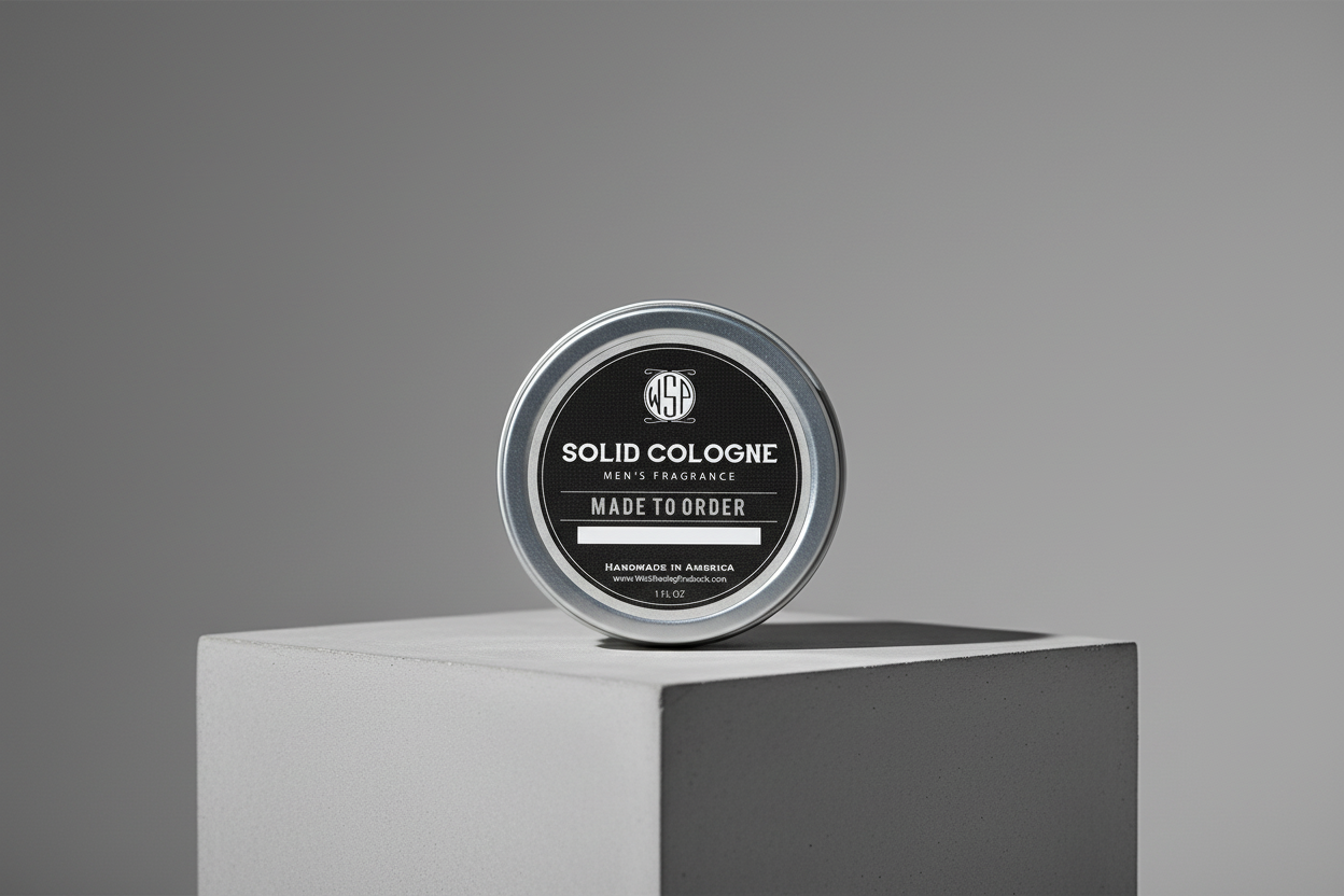 Solid cologne container on a gray platform with a gray background