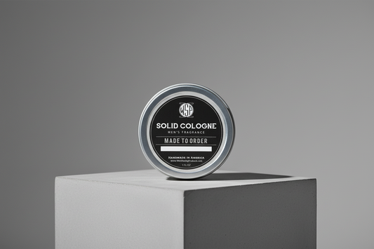 Solid cologne container on a gray platform with a gray background