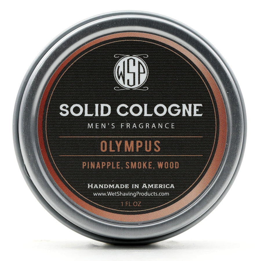 Front view of WSP's Olympus Solid Cologne in a 1 oz tin