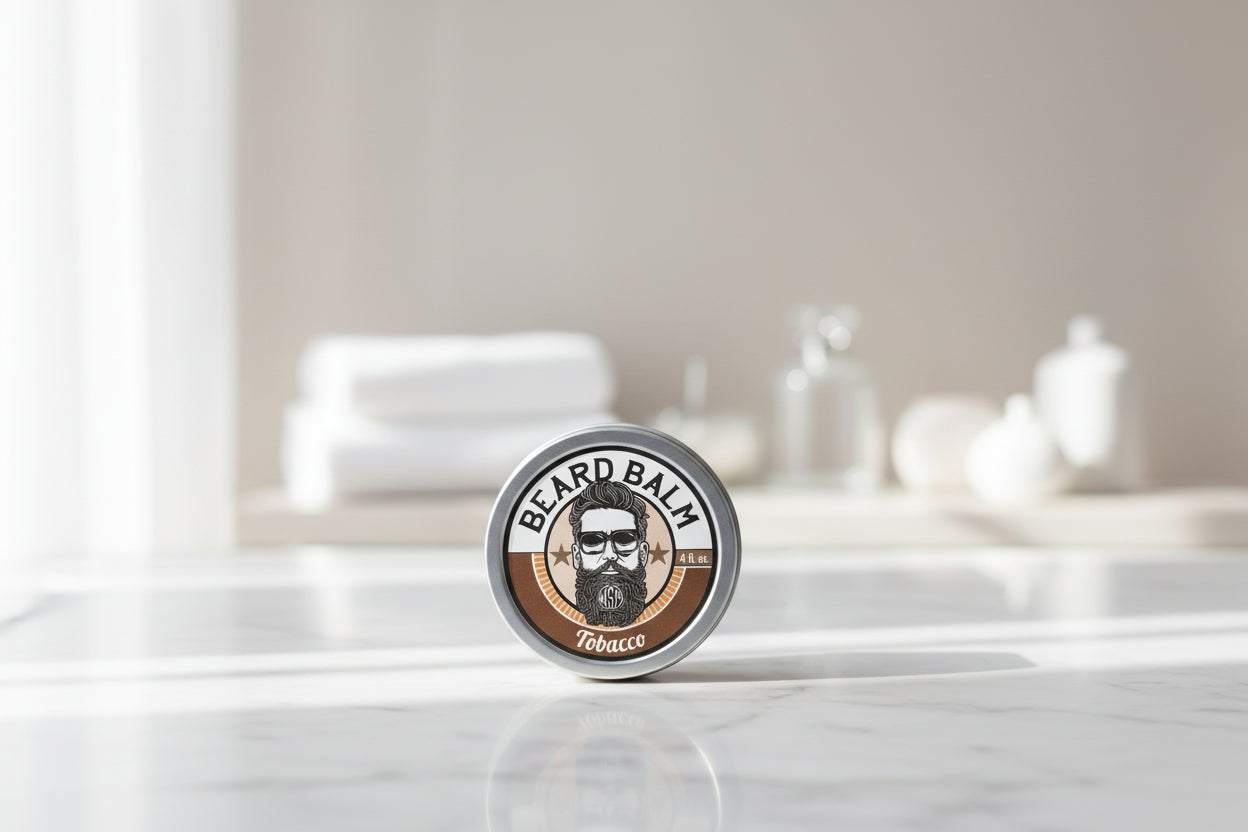Beard balm container with a label featuring a beard illustration on a textured surface.