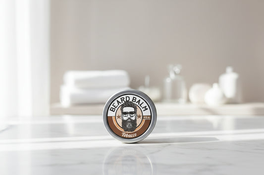 Beard balm container with a label featuring a beard illustration on a textured surface.