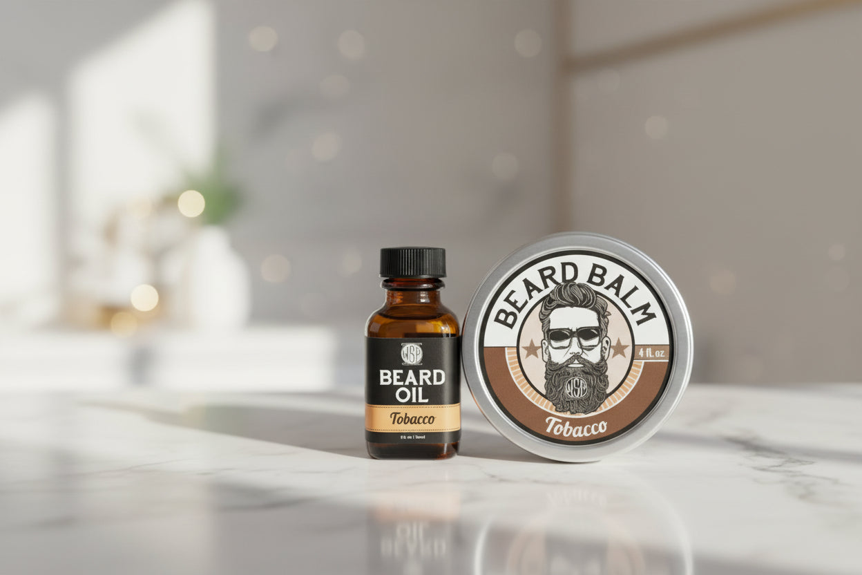 Beard oil bottle and balm tin with 'Tobacco' flavor on a marble counter