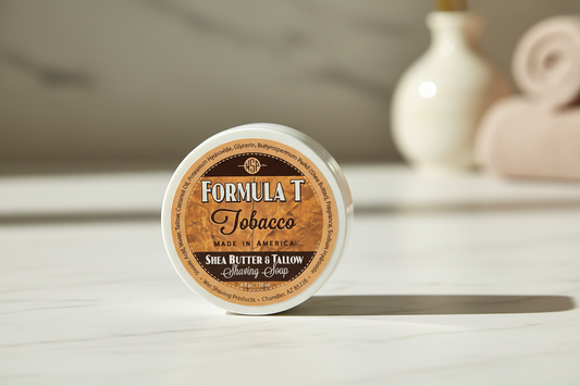 Jar of Formula T Tobacco on a white surface with a blurred background