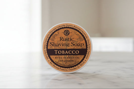 Rustic Shaving Soap Tobacco container on a kitchen counter