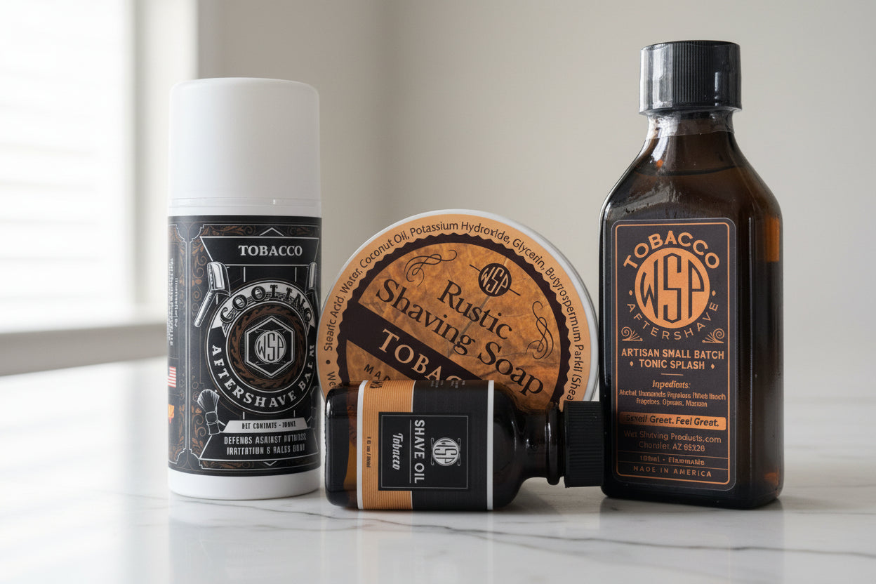 Collection of men's grooming products including an aftershave, soap, and tonic on a textured surface.
