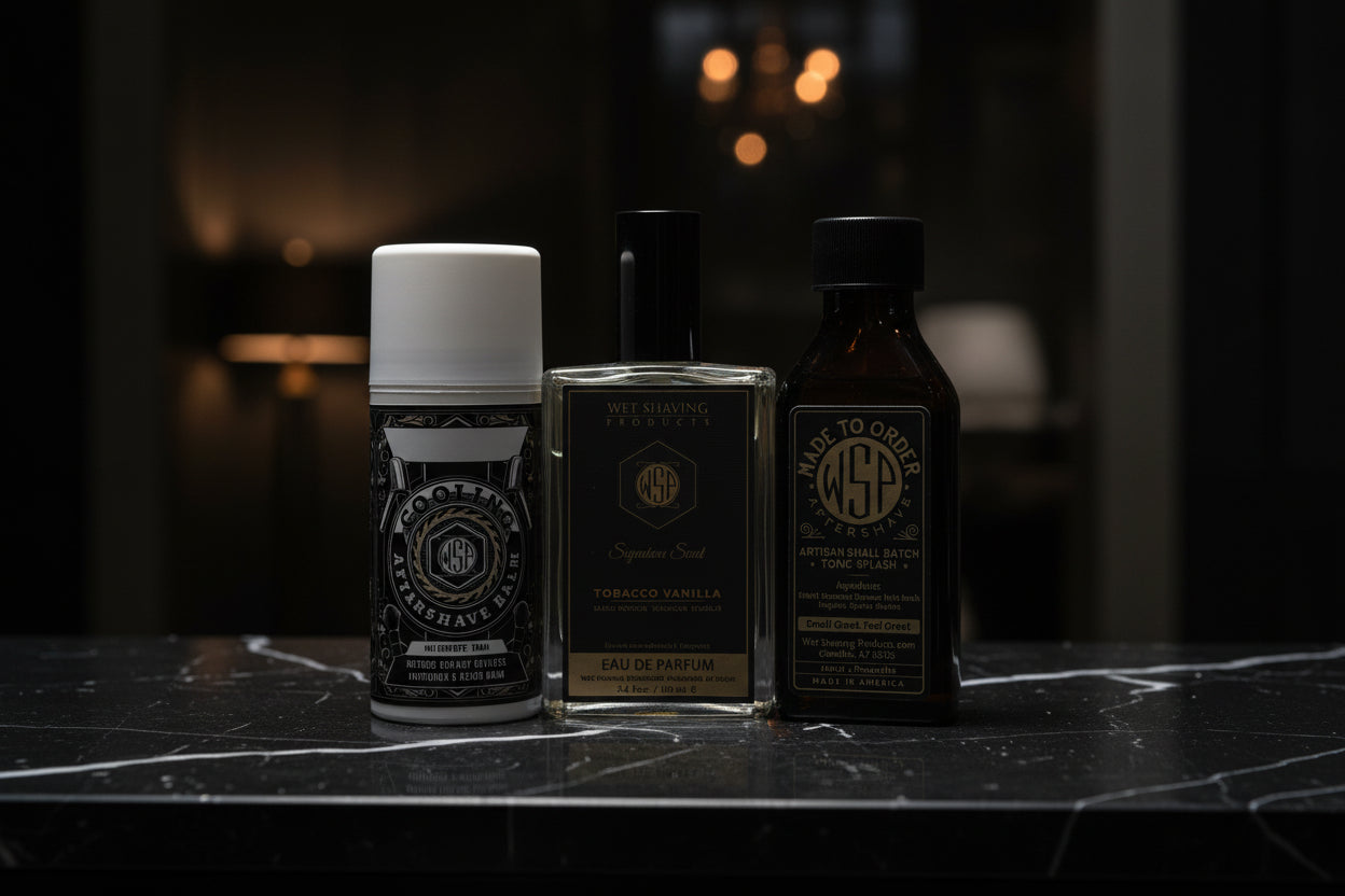 Three grooming products from the brand 'Made to Order' on a dark background
