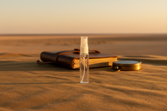 Clear glass bottle with a cork lid on sand with a book and compass in the background