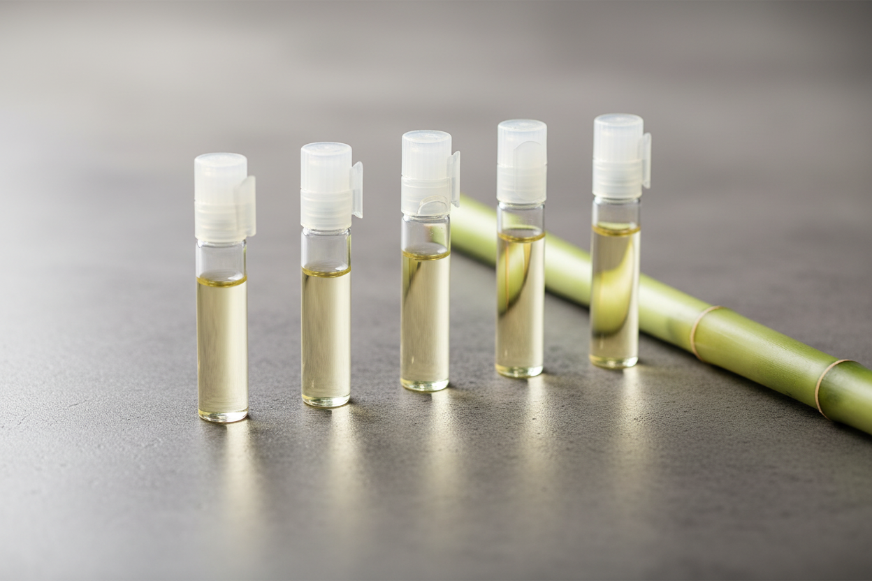 5 small glass perfume sample vials, grey concrete surface, minimalist composition, soft diffused lighting, bamboo stalk prop, modern art style, sleek, neutral tones, editorial photography