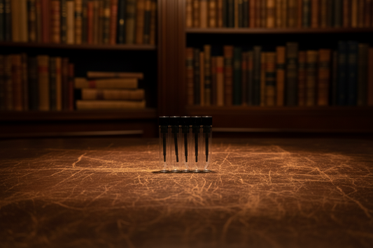 Small vials on a textured surface with bookshelves in the background