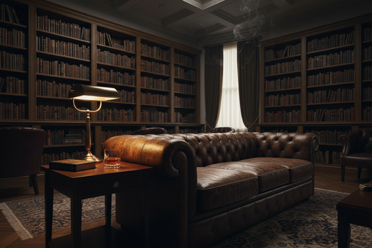 wsp aftershave balm Interior of a dimly lit, exclusive private lounge or study, the warm glow from a lamp highlighting the texture of a Chesterfield dark leather sofa, a crystal glass with amber liquid on a dark mahogany side table, shelves of vintage books in the shadows, moody, luxurious, cinematic lighting.