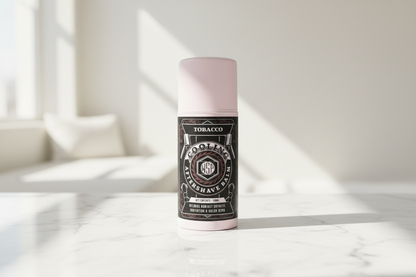 Bottle of aftershave balm with a black label on a white background