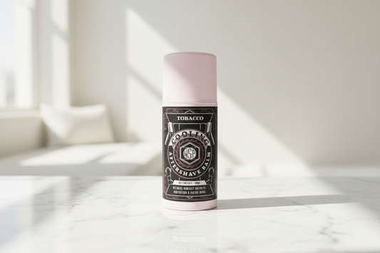 Bottle of aftershave balm with a black label on a white background