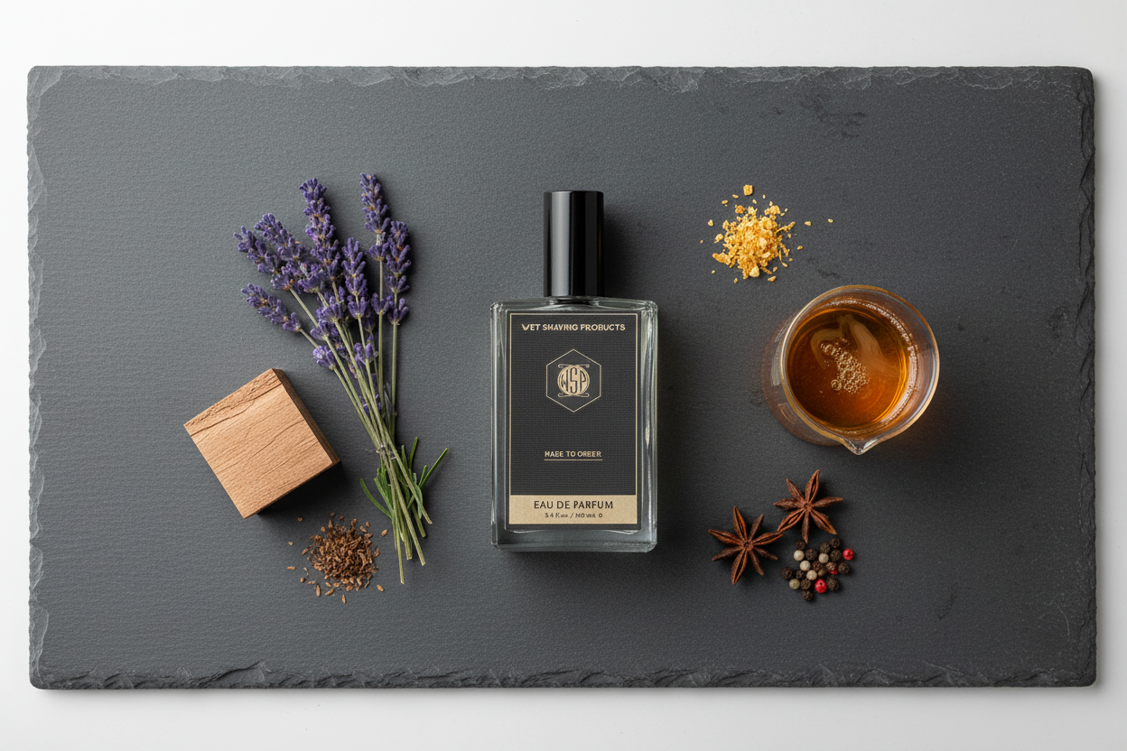 Raw botanical ingredients including fresh lavender sprigs and a cedar wood block next to a scientific beaker, symbolizing the pure Single Note Apothecary collection.