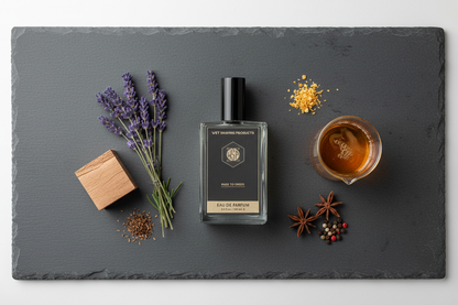 Raw botanical ingredients including fresh lavender sprigs and a cedar wood block next to a scientific beaker, symbolizing the pure Single Note Apothecary collection.