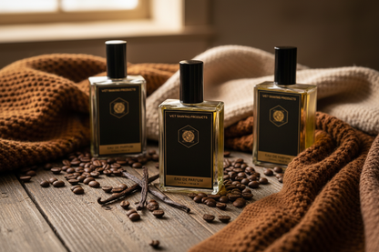 Roasted coffee beans and whole vanilla pods scattered on a warm wool textile, representing the rich, edible scents of the Gourmand & Comfort collection.