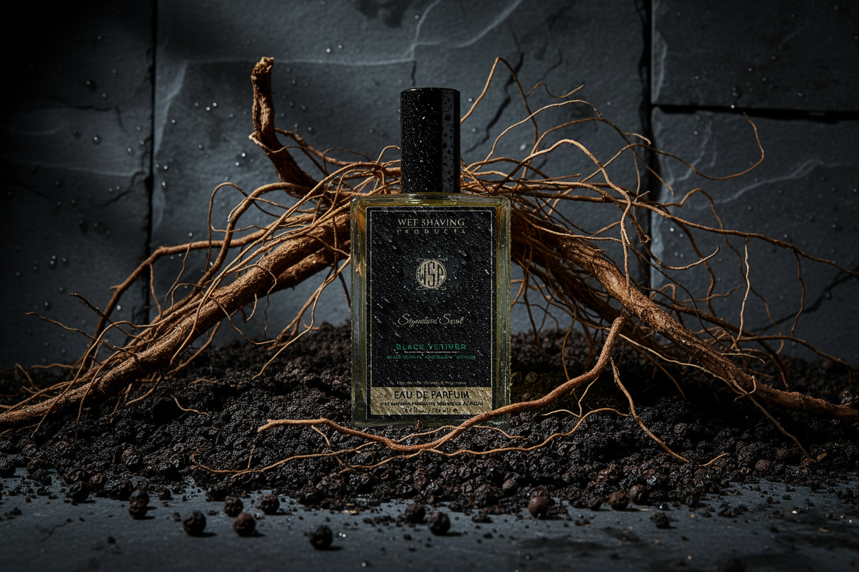 Raw, earthy Haitian vetiver roots and black peppercorns scattered on a dark slate background, capturing the elemental scent profile of WSP Black Vetiver Reserve.