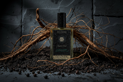 Raw, earthy Haitian vetiver roots and black peppercorns scattered on a dark slate background, capturing the elemental scent profile of WSP Black Vetiver Reserve.