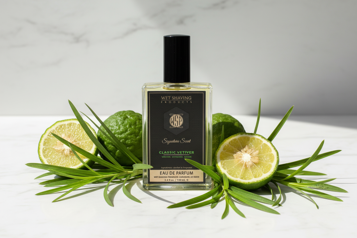 Fresh green vetiver blades and bright bergamot citrus on a clean marble surface under bright sunlight, representing the crisp, sophisticated WSP Classic Vetiver Reserve scent.