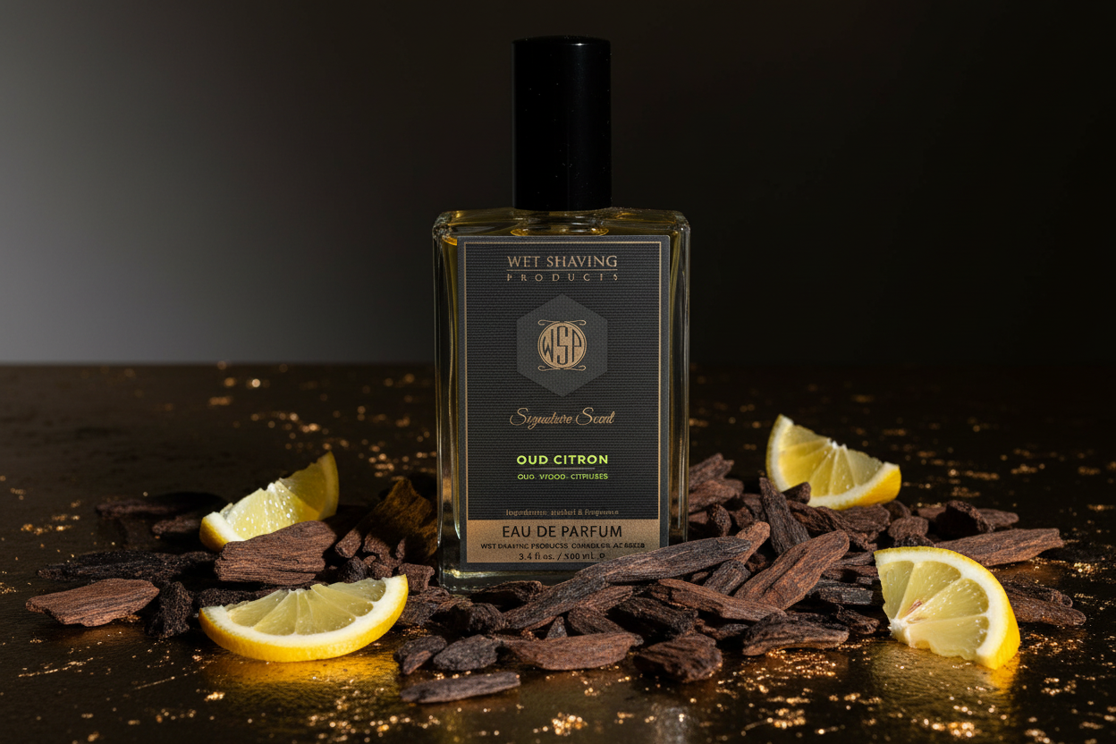 Pieces of rare, dark agarwood (oud) contrasted with bright slices of zesty citron fruit under dramatic lighting, visualizing the WSP Oud Citron Reserve fragrance.