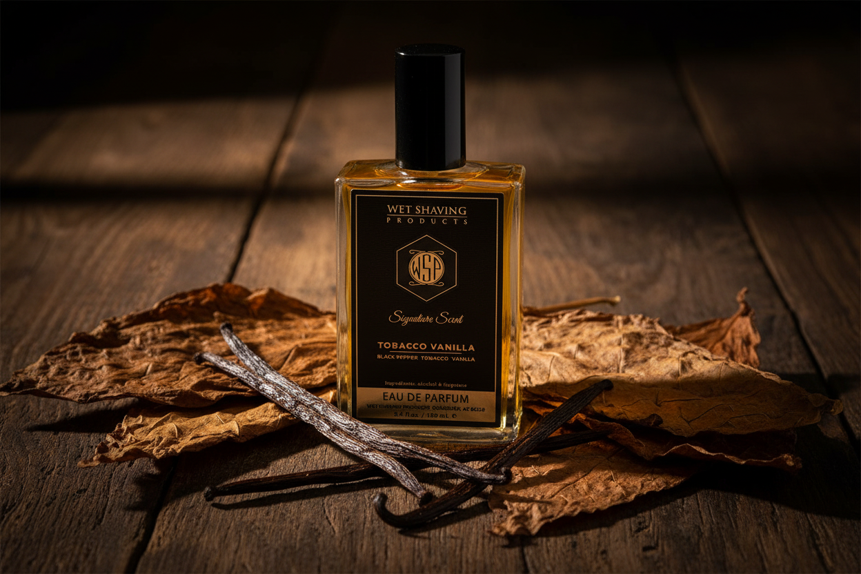 Rich, cured tobacco leaves and whole Madagascar vanilla pods resting on a dark wooden surface with warm lighting, representing the ingredients in WSP Tobacco Vanilla Reserve EDP.