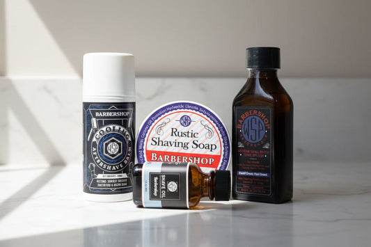 WSP Barbershop Rustic Shaving Soap – Vegan, Natural & Ultra-Slick Lather The Full Loadout (Soap + Splash + Balm + Oil)