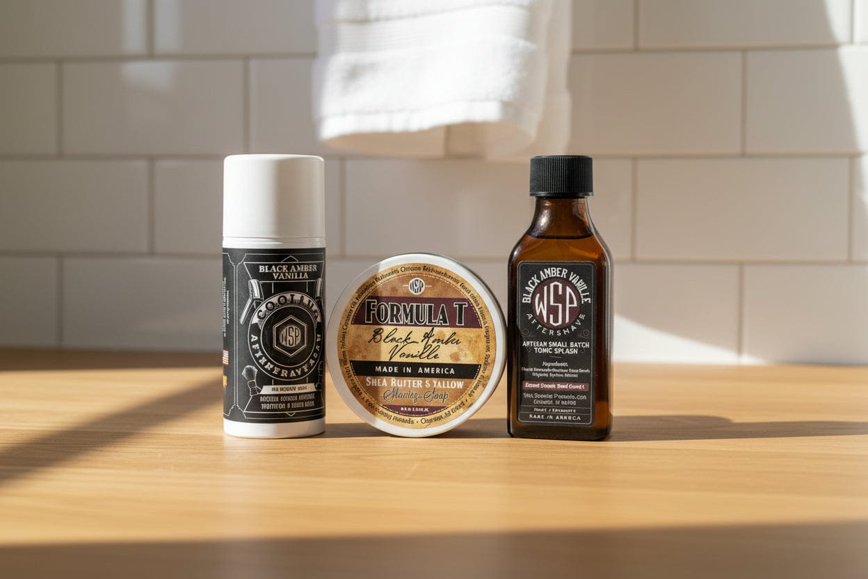 WSP Black Amber Formula T Shaving Soap – Tallow & Shea Butter – Artisan Lather The Daily Driver (Soap+Splash+Balm)
