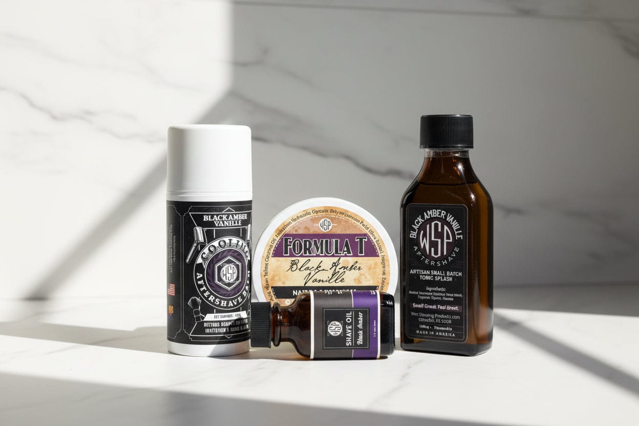 WSP Black Amber Formula T Shaving Soap – Tallow & Shea Butter – Artisan Lather The Full Loadout (Soap+Splash+Oil+Balm)