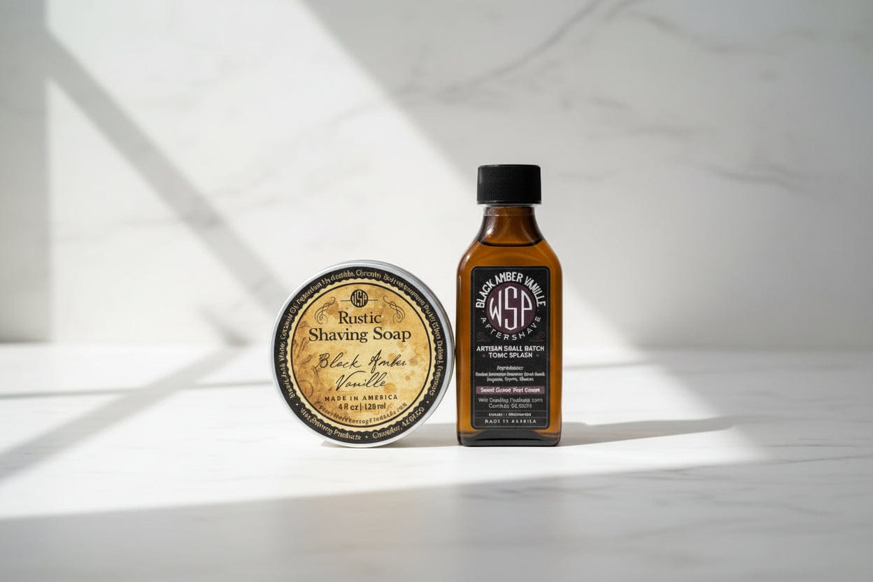 WSP Black Amber Rustic Shaving Soap – Vegan, Natural & Ultra-Slick Lather The Classic Pair (Soap + Splash)