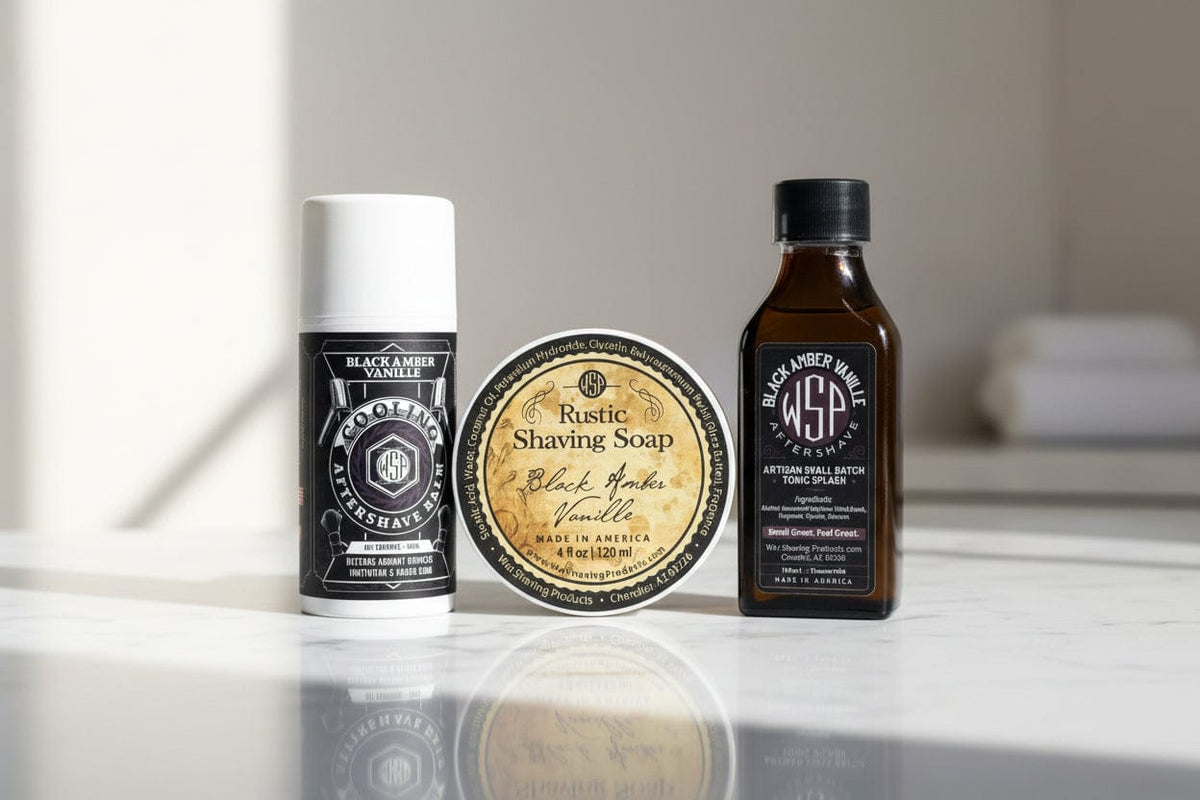 WSP Black Amber Rustic Shaving Soap – Vegan, Natural & Ultra-Slick Lather The Daily Driver (Soap + Splash + Balm)