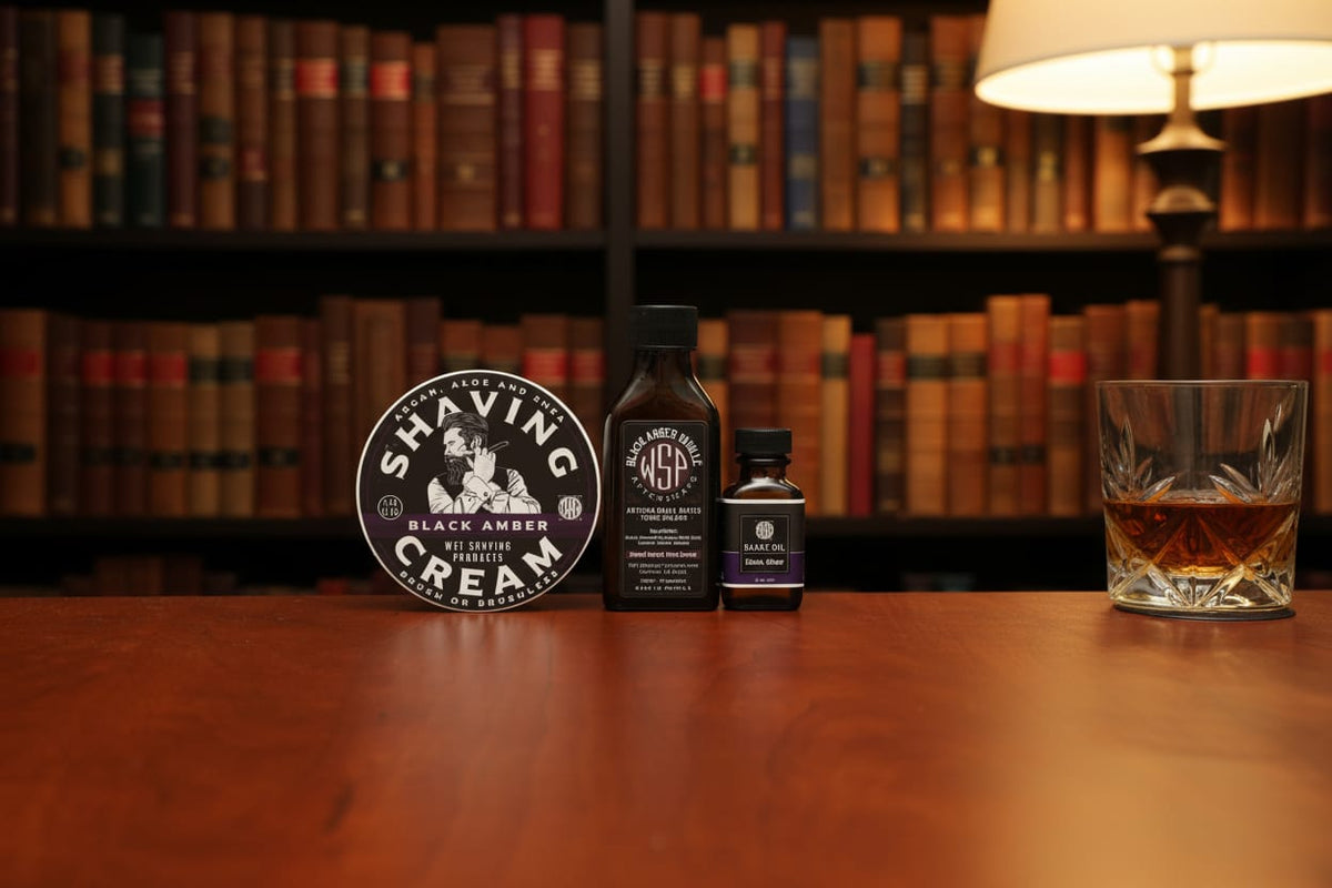 WSP Black Amber Shaving Cream The Full Shave – Cream + Matching Pre-Shave Oil + Matching Splash