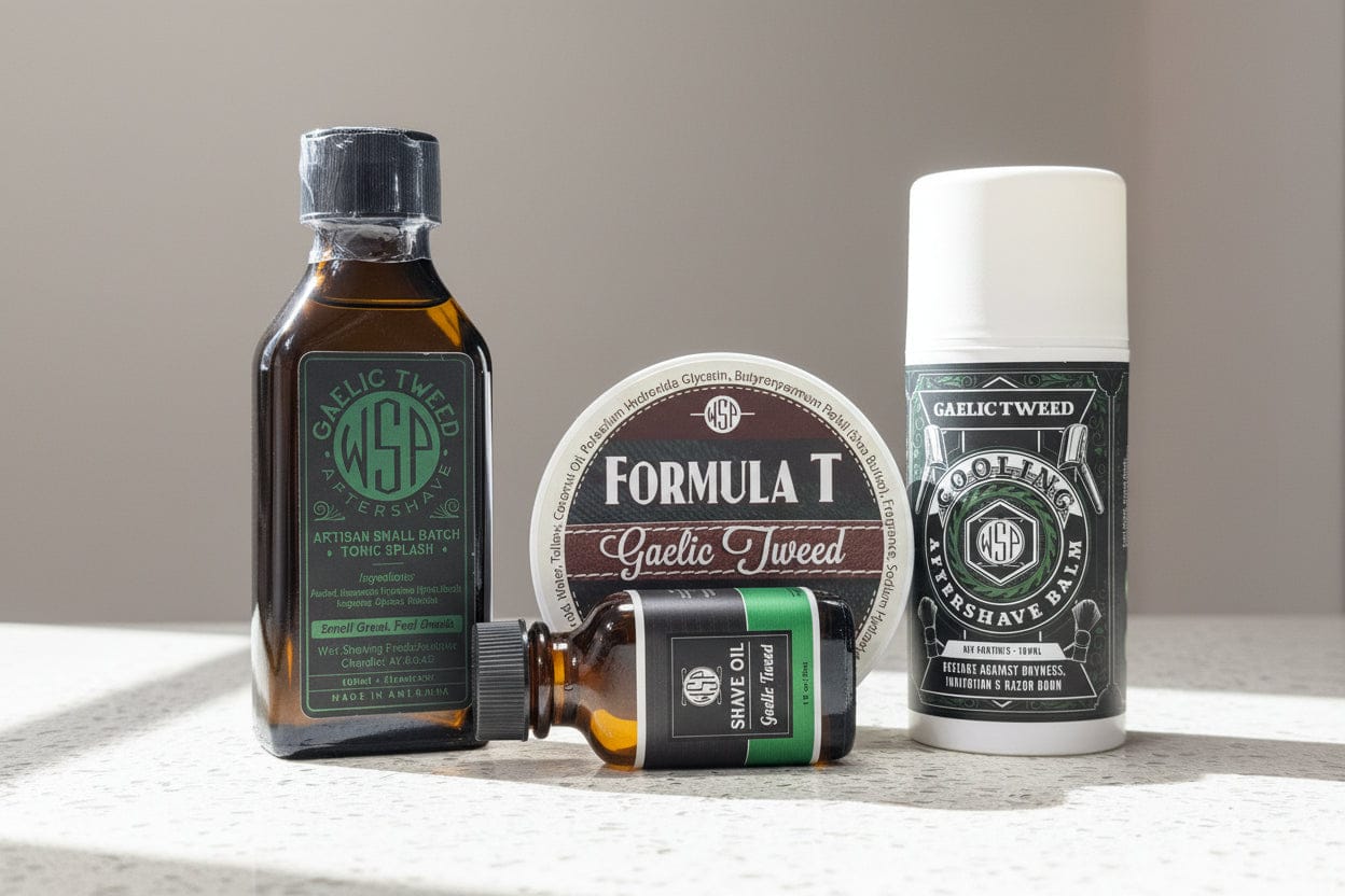 WSP Gaelic Tweed Formula T Shaving Soap – Tallow & Shea Butter – Artisan Lather The Full Loadout (Soap+Splash+Oil+Balm)