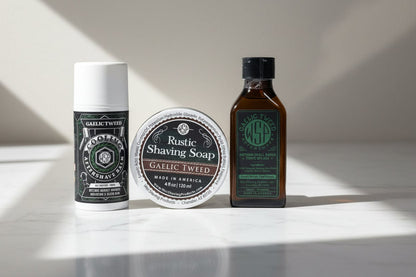 WSP Gaelic Tweed Rustic Shaving Soap – Vegan, Natural & Ultra-Slick Lather The Daily Driver (Soap+Splash+Balm)