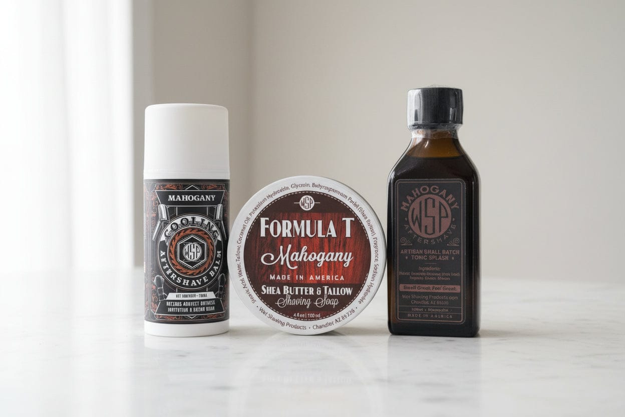 WSP Mahogany Formula T Shaving Soap – Tallow & Shea Butter – Artisan Lather The Daily Driver (Soap+Splash+Balm)