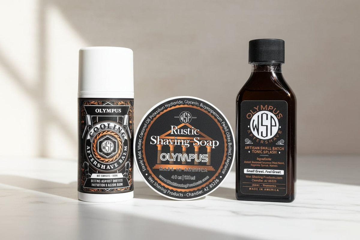 WSP Olympus Rustic Shaving Soap – Vegan, Natural & Ultra-Slick Lather The Daily Driver (Soap+Splash+Balm)