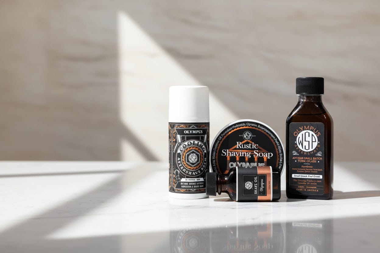 WSP Olympus Rustic Shaving Soap – Vegan, Natural & Ultra-Slick Lather The Full Loadout (Soap + Splash + Balm + Oil)