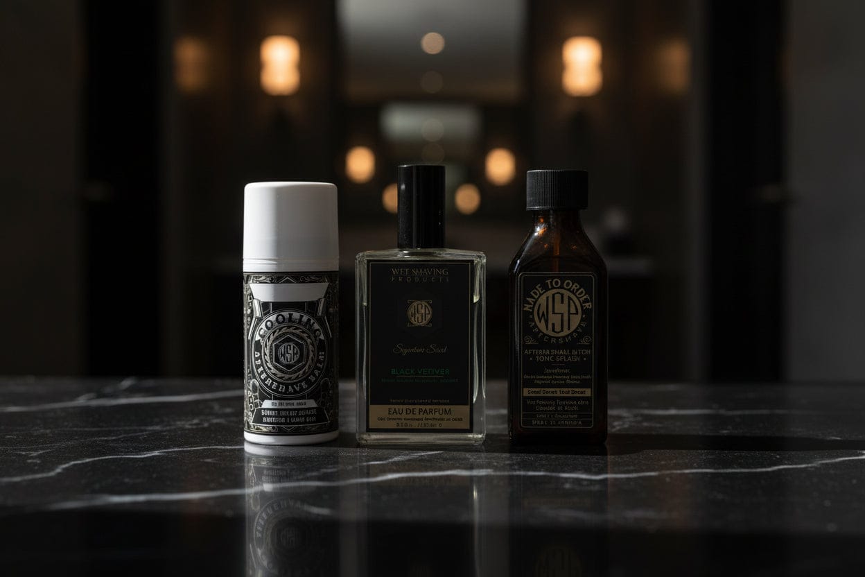 WSP Reserve Collection Aftershave Balm – Custom Scented to Order – Premium Cooling Formula Full Loadout: Balm + Splash + EdP (The Trifecta) / Black Vetiver