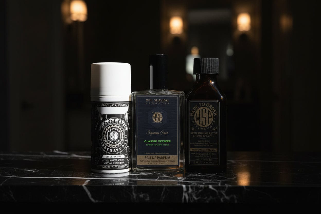 WSP Reserve Collection Aftershave Balm – Custom Scented to Order – Premium Cooling Formula Full Loadout: Balm + Splash + EdP (The Trifecta) / Classic Vetiver