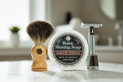 WSP The Ultimate Beginner's Wet Shaving Kit – Safety Razor, Black Badger Brush & Soap Set Gaelic Tweed