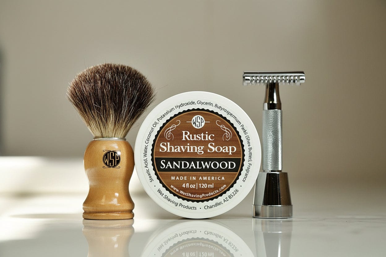 WSP The Ultimate Beginner's Wet Shaving Kit – Safety Razor, Black Badger Brush & Soap Set Sandalwood