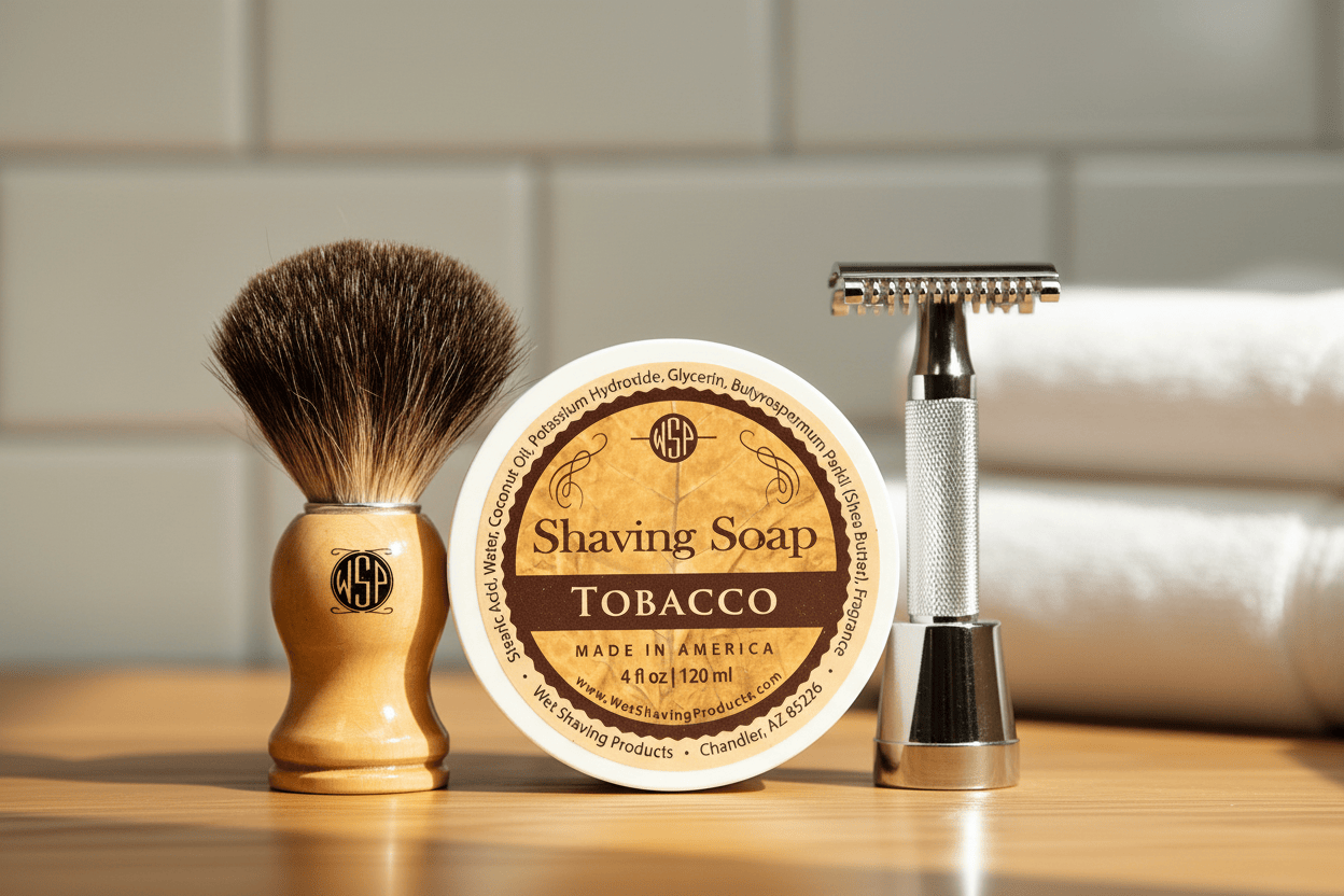 WSP The Ultimate Beginner's Wet Shaving Kit – Safety Razor, Black Badger Brush & Soap Set Tobacco
