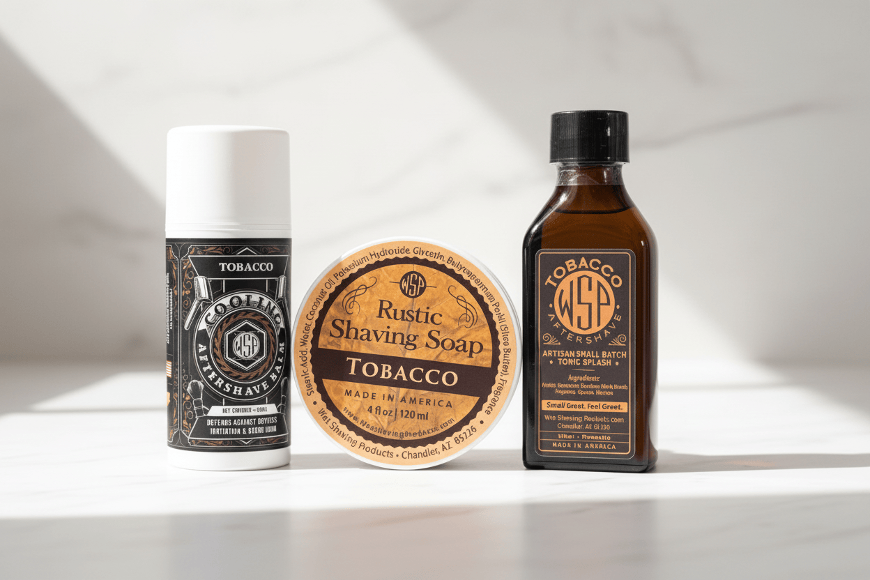WSP Tobacco Rustic Shaving Soap – Vegan, Natural & Ultra-Slick Lather The Daily Driver (Soap+Splash+Balm)