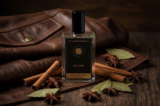 Rustic texture of worn brown leather next to scattered whole spices like cinnamon and star anise on dark oak, symbolizing the Wood, Spice & Leather fragrance family.
