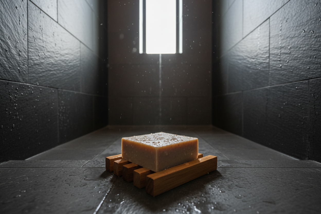 wsp bar soap Resting on a slatted teak wood soap dish, inside a dark charcoal slate tiled walk-in shower area, steam rising gently, fresh water droplets on the soap surface and surrounding stone, natural light streaming from a high window, spa-like atmosphere, photorealistic, 8k resolution.