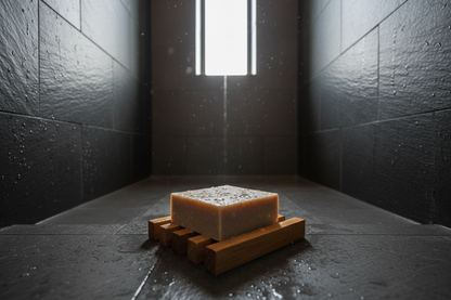 wsp bar soap Resting on a slatted teak wood soap dish, inside a dark charcoal slate tiled walk-in shower area, steam rising gently, fresh water droplets on the soap surface and surrounding stone, natural light streaming from a high window, spa-like atmosphere, photorealistic, 8k resolution.