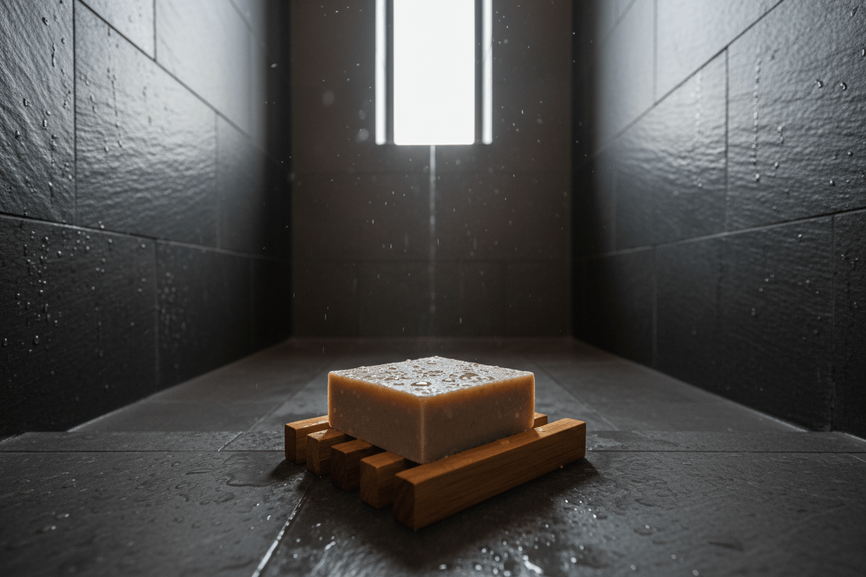 Bar of soap on a wooden soap dish in a dark bathroom setting with a light source above.