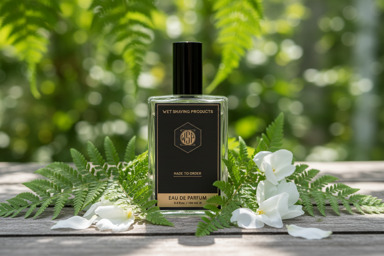 Eau de Parfum bottle with greenery and flowers on a wooden surface