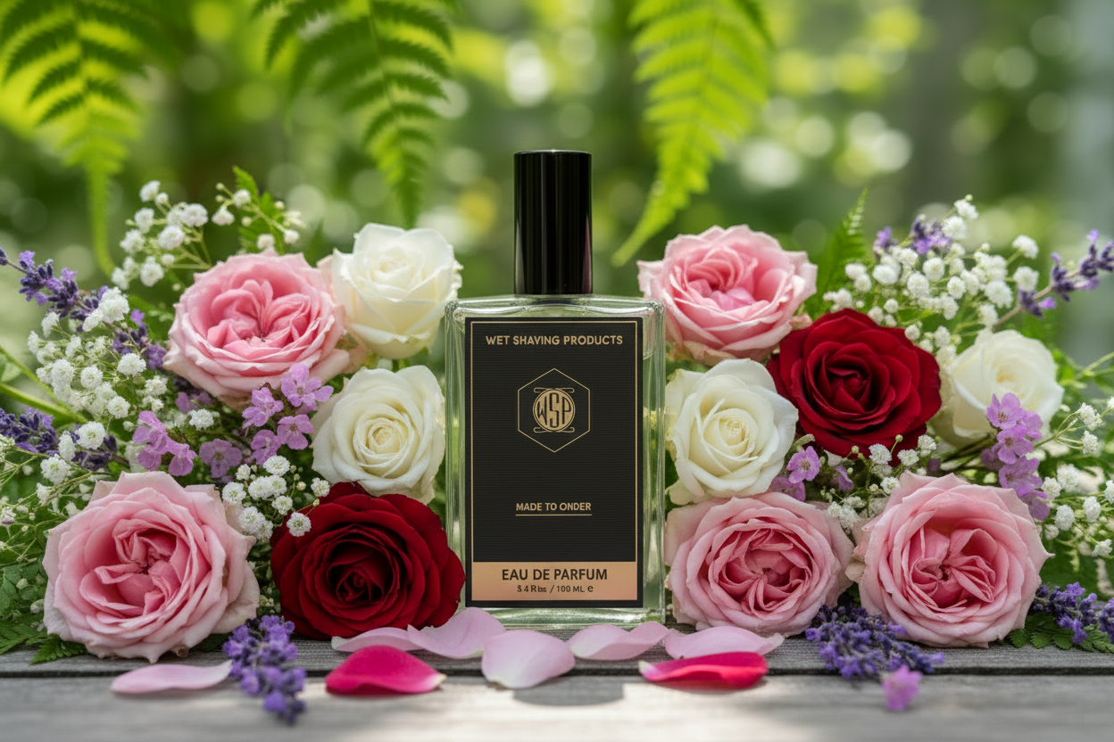 Eau de Parfum bottle surrounded by pink and red roses with a blurred green background