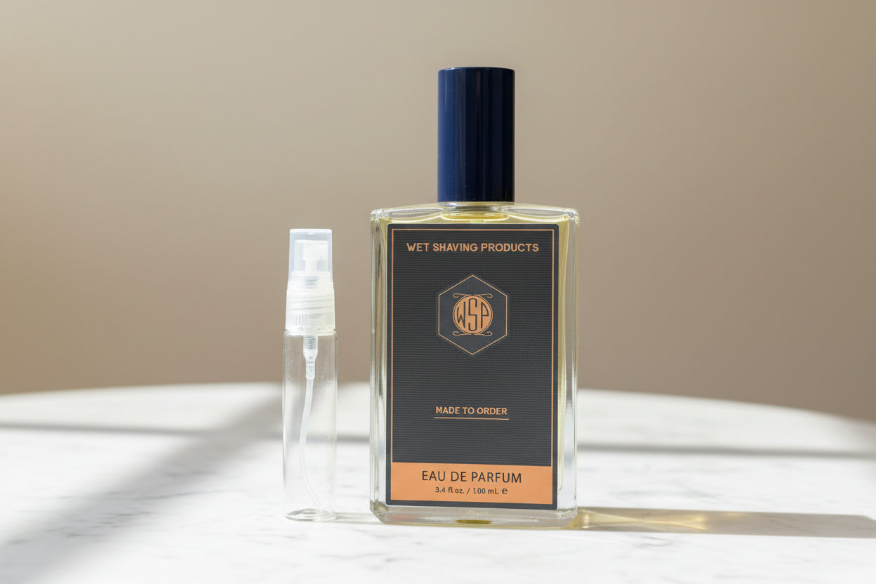 Two bottles of WSP Shaving Products on a wooden surface with a blurred background.